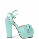 miętowe sandałki na słupku z frędzelkami